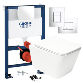 Square Gloss White Hidden Fixation Rimless Wall Hung Toilet & GROHE 0.82m Concealed WC Cistern Frame