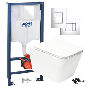 Square Gloss White Hidden Fixation Rimless Wall Hung Toilet & GROHE 1.13m Concealed WC Cistern Frame