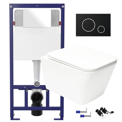 Square Gloss White Hidden Fixation Rimless Wall Hung Toilet Pan & 1.12m Concealed Cistern WC Frame & Matt Black, Trim Flush Plate