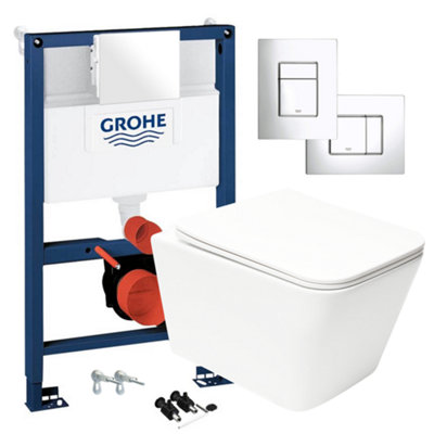 Square Gloss White Hidden Fixation Rimless Wall Hung Toilet Pan & GROHE 0.82m Concealed WC Cistern Frame