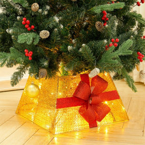 Square Gold LED Lighted Christmas Tree Collar Tree Skirt Stand Basket Decor with Bow Tie 30cm H