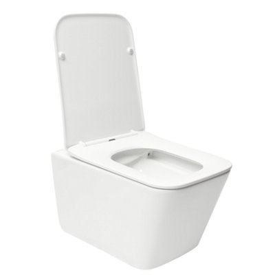 Square Hidden Fixation Wall Hung Rimless Toilet WC Pan & Soft Close Slim Seat - Gloss White