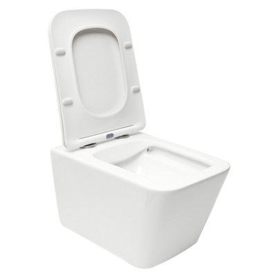 Square Hidden Fixation Wall Hung Rimless Toilet WC Pan & Soft Close Slim Seat - Gloss White
