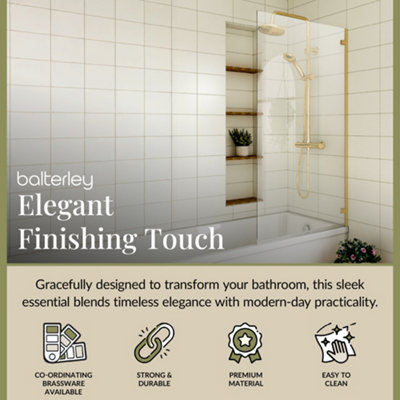 Square Hinged Straight 8mm Toughened Safety Glass Reversible Shower Bath Screen - Brushed Brass - Balterley