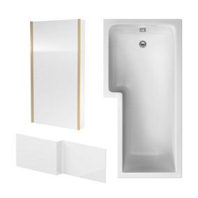 Square L Shape Shower Bath Bundle with Left Hand Tub, Fixed Screen & Return & Front Panel - 1700mm - Brushed Brass - Balterley