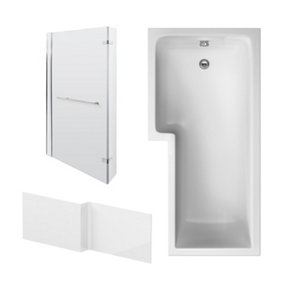 Square L Shape Shower Bath Bundle with Left Hand Tub, Fixed Screen with Hinged Return & Front Panel - 1700mm - Chrome - Balterley