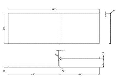 Square L Shaped Shower Bath Acrylic Front Panel - 1500mm - White