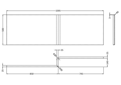 Square L Shaped Shower Bath Acrylic Front Panel - 1600mm - White