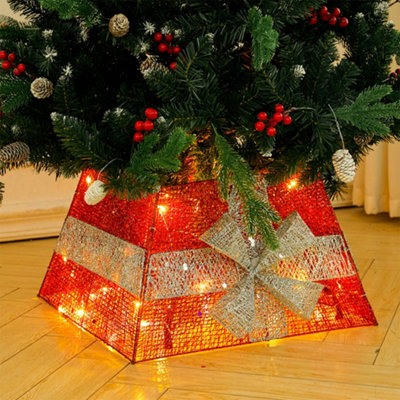 Square LED Lighted Christmas Tree Collar Tree Skirt Stand Basket Decor with Bow Tie  30cm H