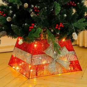 Square LED Lighted Christmas Tree Collar Tree Skirt Stand Basket Decor with Bow Tie