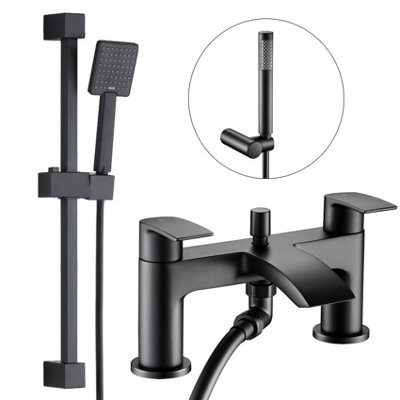 Square Matt Black Bath Mixer Shower Waterfall Tap Deck Mounted + Riser Rail