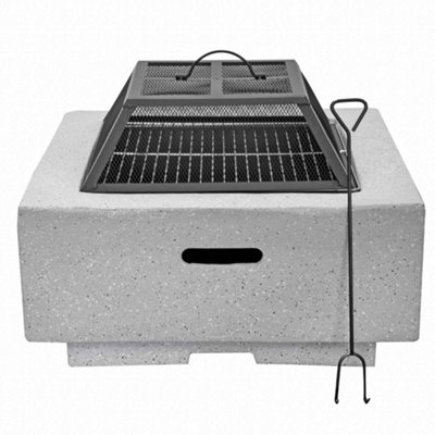 Square MgO Fire Pit with BBQ Grill Safety Mesh Screen and Fire Poker Light Grey DG192