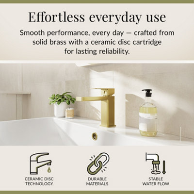 Square Mono Basin Mixer Bathroom Sink Tap & Push Button Waste - Brushed Brass - Balterley