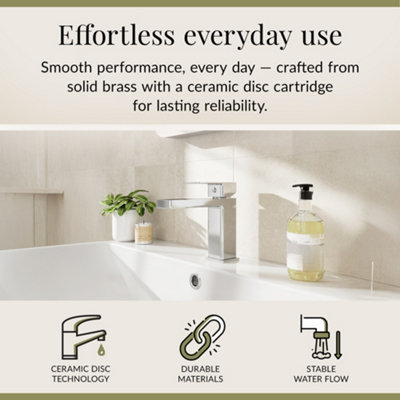 Square Mono Basin Mixer Bathroom Sink Tap & Push Button Waste - Chrome - Balterley