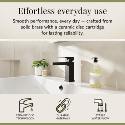 Square Mono Basin Mixer Tap & Push Button Waste - Matt Black - Balterley