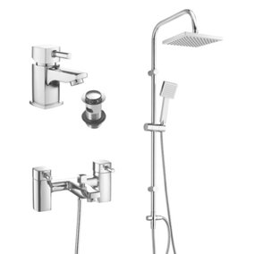 Square Over Head 3 Way Rigid Riser Shower Kit with Cube Bath Shower Mixer & Basin Tap Set