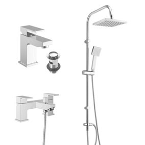 Square Over Head 3 Way Rigid Riser Shower Kit with Square Bath Shower Mixer & Basin Tap Set
