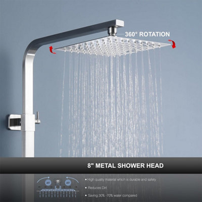 Square Overhead Shower-Shower Kit Twin Head Chrome Square Fixed Riser Rail with Bath Mixer Tap Set