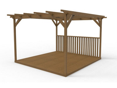 Square pergola and decking kit with one balustrade, 2.4mx2.4m, Rustic Brown