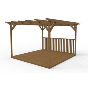 Square pergola and decking kit with one balustrade, 4.2mx4.2m, Rustic Brown