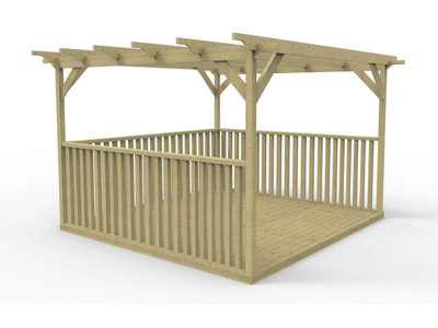 Square Pergola and decking kit with three side balustrade, 2.4mx2.4m, Natural