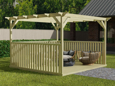 Square Pergola and decking kit with three side balustrade, 2.4mx2.4m, Natural