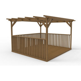 Square Pergola and decking kit with three side balustrade, 3.6mx3m.6m, Rustic Brown