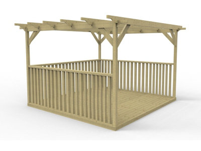 Square Pergola and decking kit with three side balustrade, 3mx3m, Natural