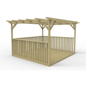 Square Pergola and decking kit with three side balustrade, 3mx3m, Natural