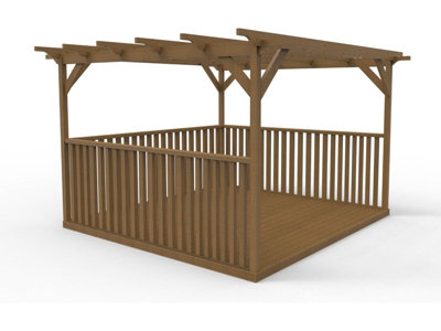 Square Pergola and decking kit with three side balustrade, 4.8mx4.8m, Rustic Brown