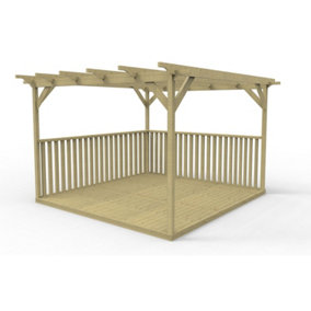 Square Pergola and decking kit with two side balustrade, 2.4mx2.4m, Natural