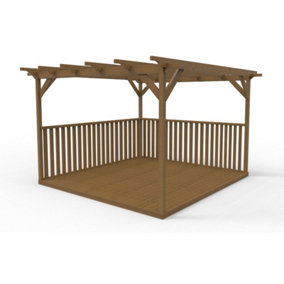 Square Pergola and decking kit with two side balustrade, 3mx3m, Rustic Brown