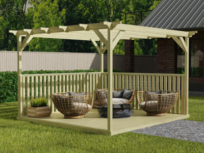 Square Pergola and decking kit with two side balustrade, 4.8mx4.8m, Natural