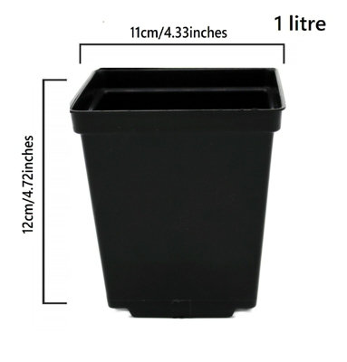 Square Plant Pot Strong Black Plastic Hydroponic Pots 1 Litre x 100 Pots