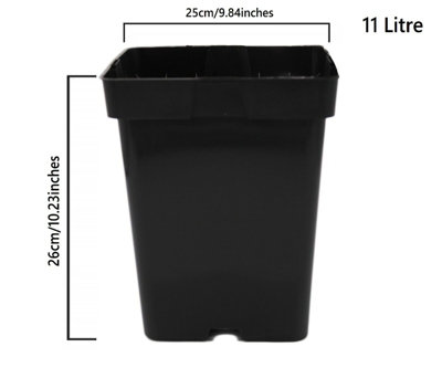 Square Plant Pot Strong Black Plastic Hydroponic Pots 11 Litres x 100 Pots