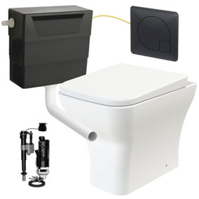 Square Rimless Back to Wall Toilet Pan with Soft Close Seat & Concealed Cistern Black Plate Button