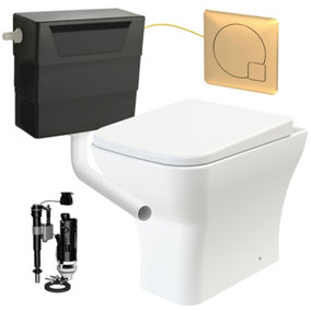Square Rimless Back to Wall Toilet Pan with Soft Close Seat & Concealed Cistern Brushed Brass Plate Button