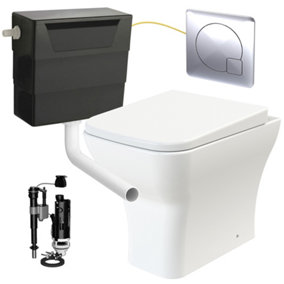 Square Rimless Back to Wall Toilet Pan with Soft Close Seat & Concealed Cistern Chrome Plate Button