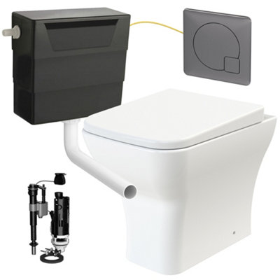 Square Rimless Back to Wall Toilet Pan with Soft Close Seat & Concealed Cistern Gun Metal Plate Button Price Comparisons | Compare The Build