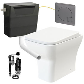 Square Rimless Back to Wall Toilet Pan with Soft Close Seat & Concealed Cistern Gun Metal Plate Button
