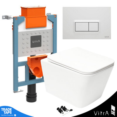 Square Rimless Wall Hung Toilet Pan & VITRA 0.75m Low Concealed Cistern Frame Plate-Complete Set - Gloss White Plate