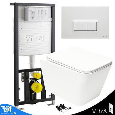 Square Rimless Wall Hung Toilet Pan & VITRA 1.27m Concealed WC Cistern Frame Plate-Complete Set - Gloss White Plate