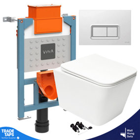 Square Rimless Wall Hung Toilet & VITRA 1.27m Concealed WC Cistern Frame Plate-Complete Set - Gloss Chrome Plate