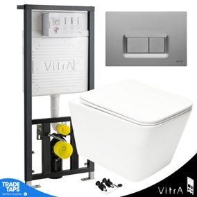 Square Rimless Wall Hung Toilet & VITRA 1.27m Concealed WC Cistern Frame Plate-Complete Set - Matt Chrome Plate