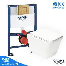 Square Rimless Wall Hung Toilet WC Pan with GROHE 0.82m Concealed Cistern Dual Flush  Frame - Brushed Cool Sunrise