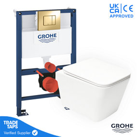 Square Rimless Wall Hung Toilet WC Pan with GROHE 0.82m Concealed Cistern Dual Flush  Frame - Cool Sunrise