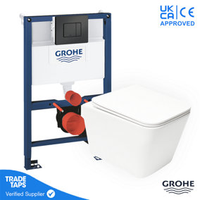 Square Rimless Wall Hung Toilet WC Pan with GROHE 0.82m Concealed Cistern Dual Flush  Frame - Phantom Black