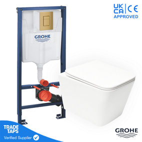 Square Rimless Wall Hung Toilet WC Pan with GROHE 1.13m Concealed Cistern Dual Flush  Frame - Brushed Cool Sunrise