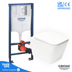 Square Rimless Wall Hung Toilet WC Pan with GROHE 1.13m Concealed Cistern Dual Flush  Frame - Chrome