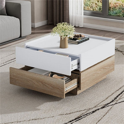 Square Rotating Coffee Table with 2 Drawers, Wooden 2-Tier Center Table ...